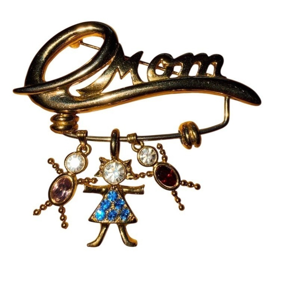 Vintage KIS Mom Brooch Pin Gold Tone Rhinestone 3 Children‎ Charms Mother's Day
